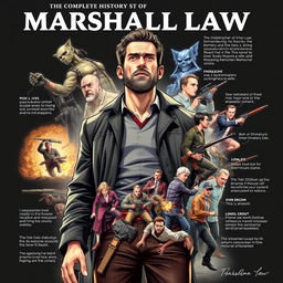 A detailed illustration depicting the complete history of Marshall Law, showing key moments and significant events in his journey