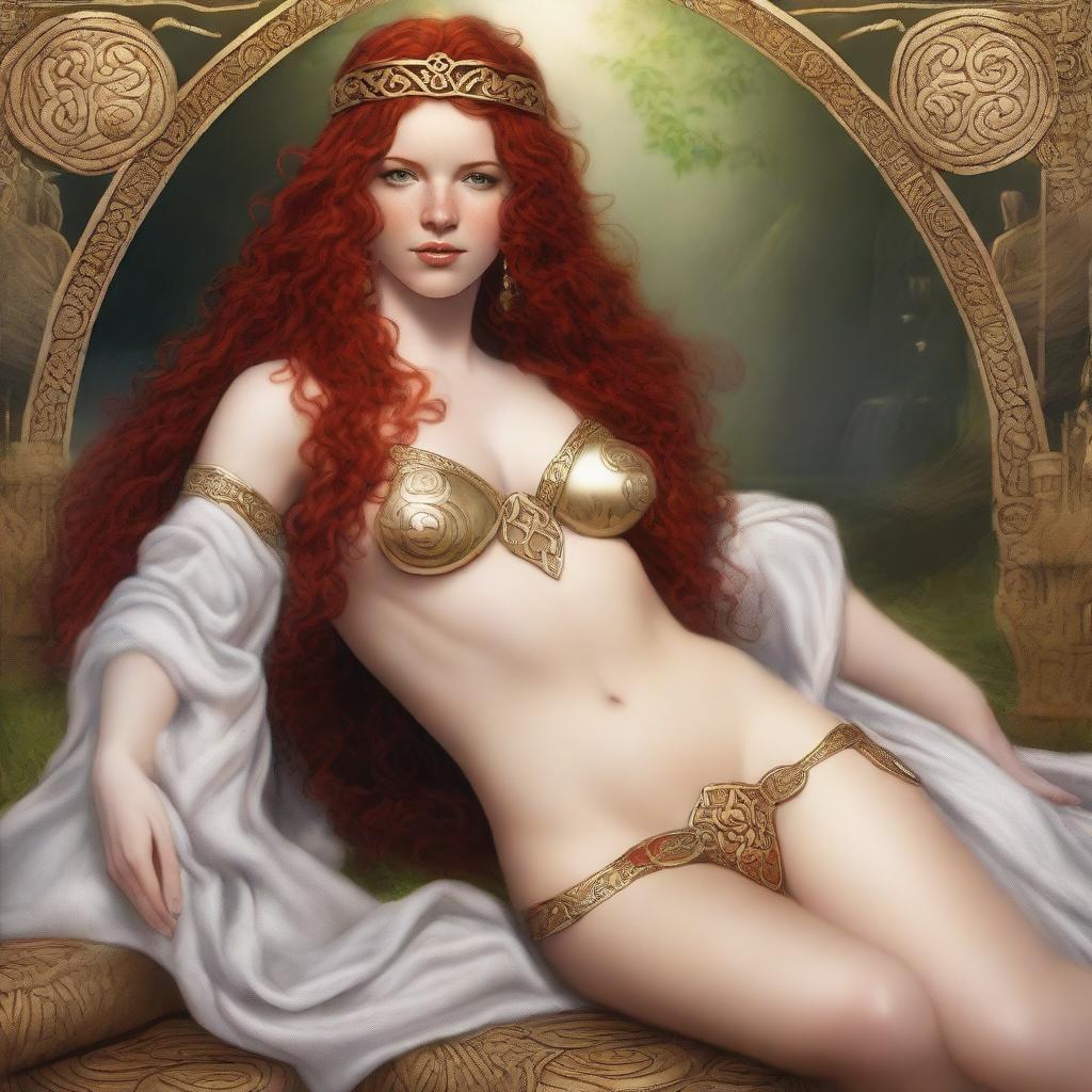 A full body image of a fair-skinned Celtic warrior priestess with curly red hair and full lips, laying down and smiling in a white and gold bikini and robe