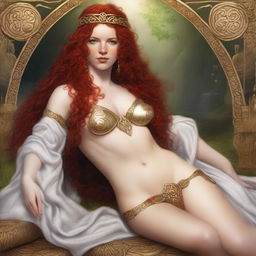 A full body image of a fair-skinned Celtic warrior priestess with curly red hair and full lips, laying down and smiling in a white and gold bikini and robe