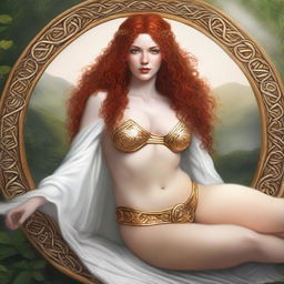 A full body image of a fair-skinned Celtic warrior priestess with curly red hair and full lips, laying down and smiling in a white and gold bikini and robe