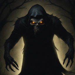 A spooky yet artistic representation of the boogie man, lurking in the shadows with piercing glowing eyes and elongated claws.