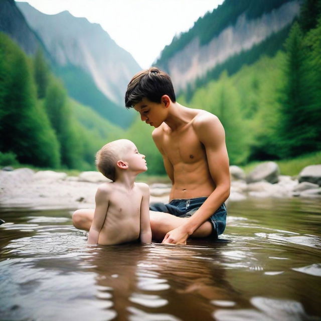 A shirtless, smooth, hairless, skinny 16-year-old boy with ripped jean shorts is laying on a rock by a mountain stream, showing his obliques and rib cage