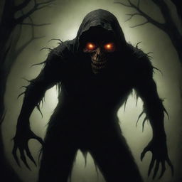 A spooky yet artistic representation of the boogie man, lurking in the shadows with piercing glowing eyes and elongated claws.