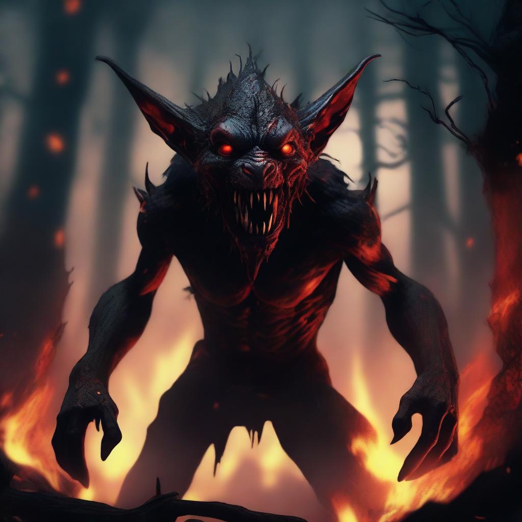 A menacing fire goblin with glowing red eyes, sharp teeth, and flames surrounding its body