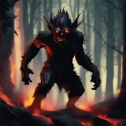 A menacing fire goblin with glowing red eyes, sharp teeth, and flames surrounding its body