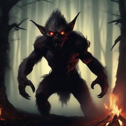 A menacing fire goblin with glowing red eyes, sharp teeth, and flames surrounding its body