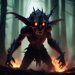 A menacing fire goblin with glowing red eyes, sharp teeth, and flames surrounding its body