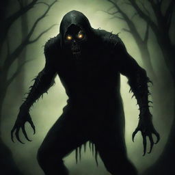 A spooky yet artistic representation of the boogie man, lurking in the shadows with piercing glowing eyes and elongated claws.