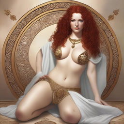 A full body image of a fair-skinned Celtic warrior priestess with curly red hair and full lips, laying down and smiling in a white and gold bikini and robe