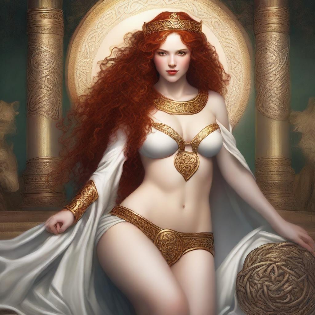 A full body image of a fair-skinned Celtic warrior priestess with curly red hair and full lips, laying down and smiling in a white and gold bikini and robe