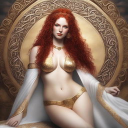 A full body image of a fair-skinned Celtic warrior priestess with curly red hair and full lips, laying down and smiling in a white and gold bikini and robe