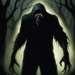 A spooky yet artistic representation of the boogie man, lurking in the shadows with piercing glowing eyes and elongated claws.