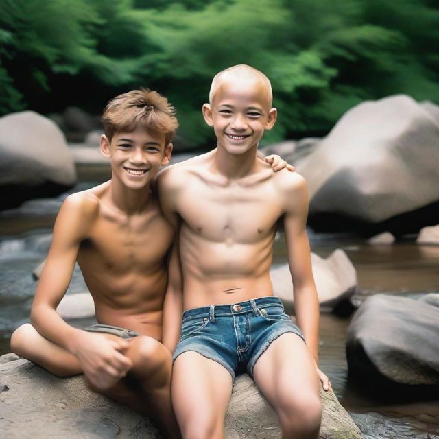 A detailed image of a smooth, hairless, skinny 16-year-old boy laying on a rock by a mountain stream, shirtless and wearing ripped jean shorts