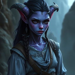 A frightening but gentle looking tiefling maiden with purple skin and dark eyes that seem to hold complete innocence, in billowy traveler's attire adorned with silver embroidery