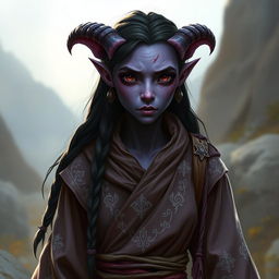 A frightening but gentle looking tiefling maiden with purple skin and dark eyes that seem to hold complete innocence, in billowy traveler's attire adorned with silver embroidery