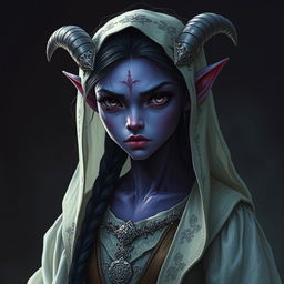 A frightening but gentle looking tiefling maiden with purple skin and dark eyes that seem to hold complete innocence, in billowy traveler's attire adorned with silver embroidery