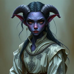 A frightening but gentle looking tiefling maiden with purple skin and dark eyes that seem to hold complete innocence, in billowy traveler's attire adorned with silver embroidery