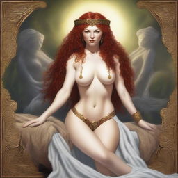 A full body image of a fair-skinned Celtic warrior priestess with curly red hair and full lips, laying down and smiling