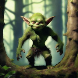 An earthy goblin with rugged, rock-like skin and moss growing on its body