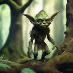 An earthy goblin with rugged, rock-like skin and moss growing on its body