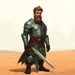 A Pathfinder style artwork featuring a tall, kind-looking human in his mid-20s with short wavy hair and a scraggly beard