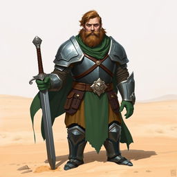 A Pathfinder style artwork featuring a tall, kind-looking human in his mid-20s with short wavy hair and a scraggly beard