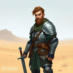 A Pathfinder style artwork featuring a tall, kind-looking human in his mid-20s with short wavy hair and a scraggly beard