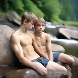 A shirtless, smooth, hairless, skinny 16-year-old boy with ripped jean shorts, showing obliques and rib cage, laying on a rock by a mountain stream