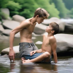 A shirtless, smooth, hairless, skinny 16-year-old boy with ripped jean shorts, showing obliques and rib cage, laying on a rock by a mountain stream