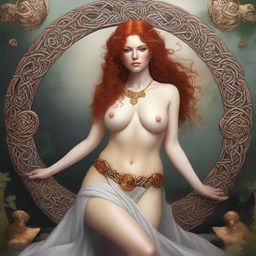 A full body image of a fair-skinned Celtic warrior priestess with curly red hair and full lips, laying down and smiling