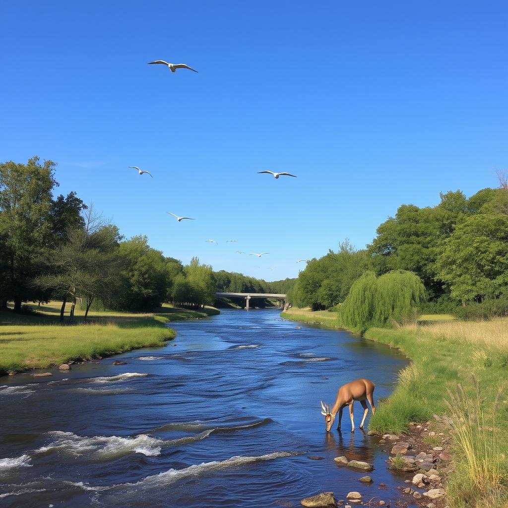 A serene landscape with a clear blue sky, a flowing river, and lush green trees