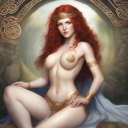 A full body image of a fair-skinned Celtic warrior priestess with curly red hair and full lips, laying down and smiling