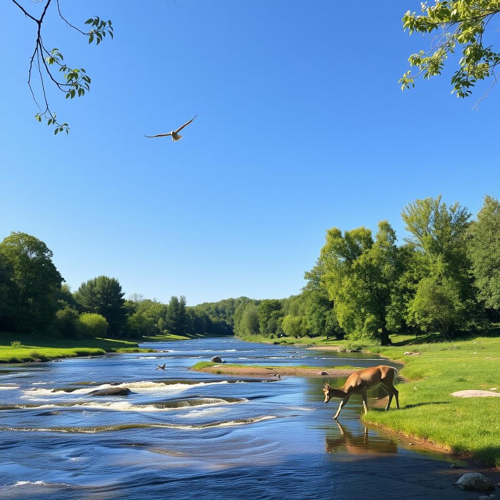 A serene landscape with a clear blue sky, a flowing river, and lush green trees