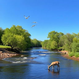 A serene landscape with a clear blue sky, a flowing river, and lush green trees