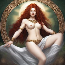 A full body image of a fair-skinned Celtic warrior priestess with curly red hair and full lips, laying down and smiling