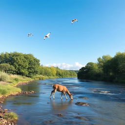 A serene landscape with a clear blue sky, a flowing river, and lush green trees