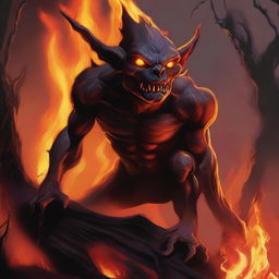 A captivating illustration of a fire goblin in a fiery landscape