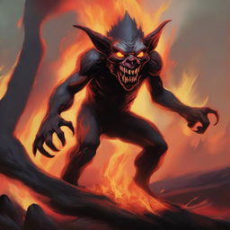 A captivating illustration of a fire goblin in a fiery landscape