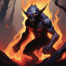 A captivating illustration of a fire goblin in a fiery landscape