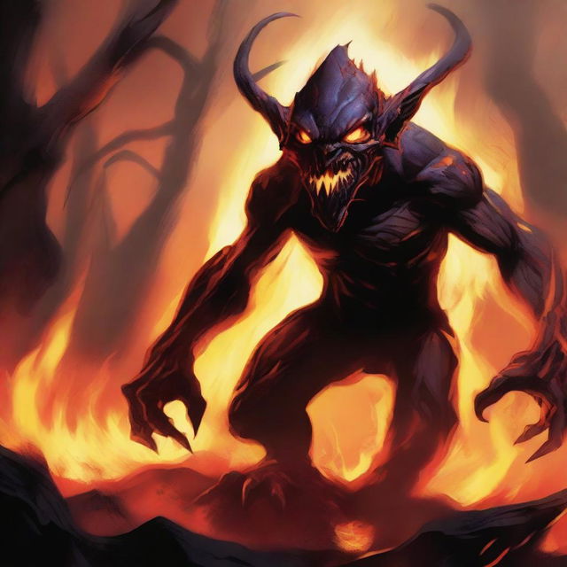 A captivating illustration of a fire goblin in a fiery landscape