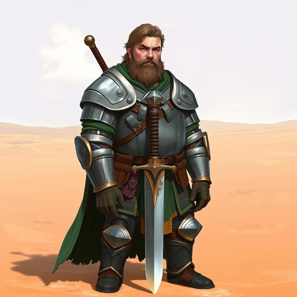 A Pathfinder style artwork featuring a six-foot-tall, kind-looking human in his mid-20s with short wavy hair and a scraggly beard