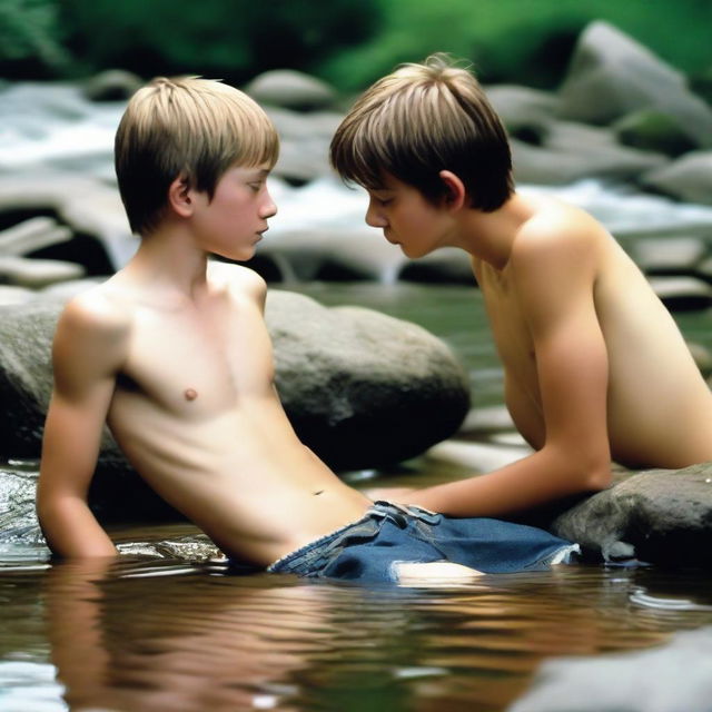 A shirtless, smooth, hairless, skinny 16-year-old boy with ripped jean shorts is lying on a rock by a mountain stream