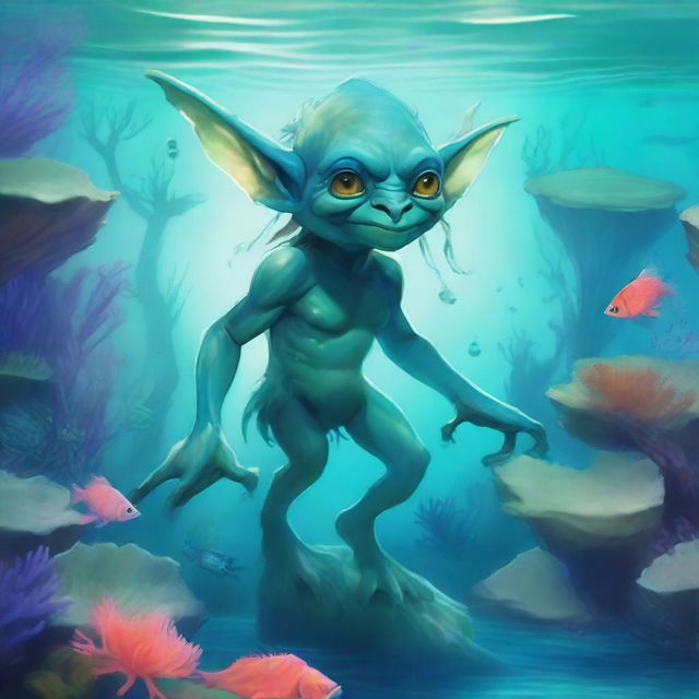 A captivating illustration of a water goblin in a watery landscape