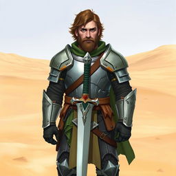 A Pathfinder style artwork featuring a tall, kind-looking human in his mid-20s with short wavy hair and a scraggly beard