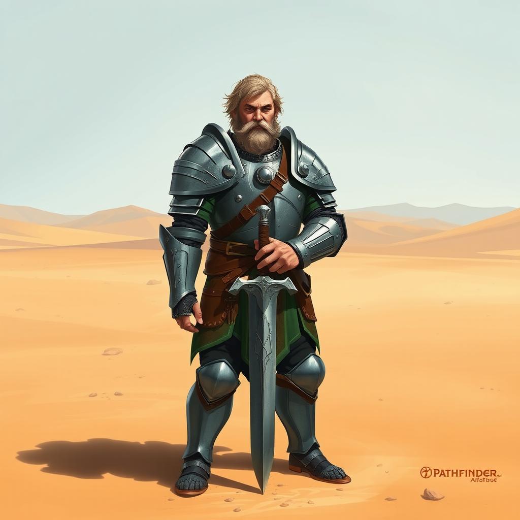 A Pathfinder style artwork featuring a tall, kind-looking human in his mid-20s with short wavy hair and a scraggly beard