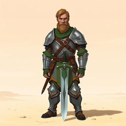 A Pathfinder style artwork featuring a tall, kind-looking human in his mid-20s with short wavy hair and a scraggly beard