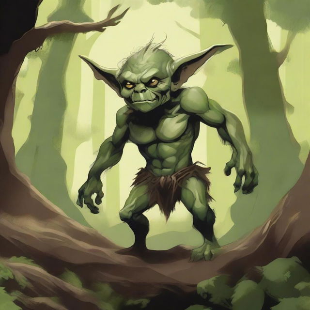 A captivating illustration of an earth goblin in an earthy landscape