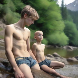 A smooth, hairless, skinny 17-year-old son, laying on a rock by a mountain stream, shirtless and wearing ripped jean shorts