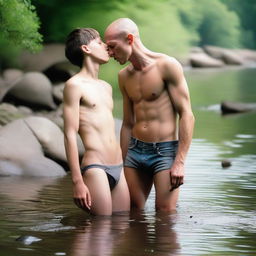 A smooth, hairless, skinny 17-year-old son, laying on a rock by a mountain stream, shirtless and wearing ripped jean shorts