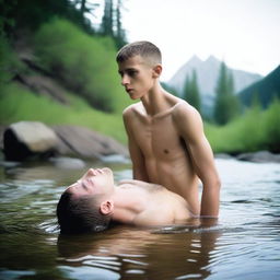 A smooth, hairless, skinny 17-year-old son, laying on a rock by a mountain stream, shirtless and wearing ripped jean shorts